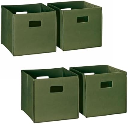 RiverRidge Folding Storage Bins - 4-pack of 10in Tall Olive Cubes | Fabric Bins, Set of 4 Storage Cubes, Cut-out Handles, Playroom Closet Organizer, Collapsible Cubby with Bottom Board Insert