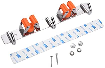 Dual Mop Broom Holder Stainless Steel Wall Mounted Organizer Storage Rack Hanger with 3 Hooks