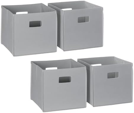 RiverRidge Folding Storage Bins - 4-pack of 10in Tall Gray Cubes | Fabric Bins, Set of 4 Storage Cubes, Cut-out Handles, Playroom Closet Organizer, Collapsible Cubby with Bottom Board Insert