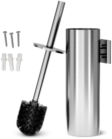 Silver Toilet Brush and Holder Set, Stainless Steel (Wall Mounted) | Bathroom Trash Can and Toilet Brush Set, Splash Protection & Dense Bristles, Corrosion-Resistant, Fits Most Standard Toilets