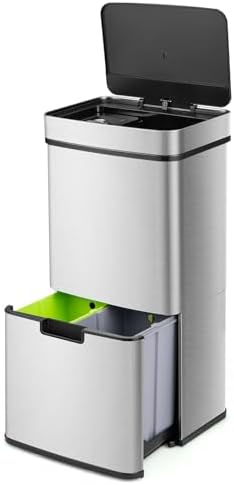 Goplus 19 Gal Motion Sensor Trash Can, 72 L Volume in 4 Containers, Touchless Trash Bin w/Kitchen Waste Bin & 2 Bottom Recycling Bins, Stainless Steel Garbage Can w/Soft Close Lid, Battery Operated