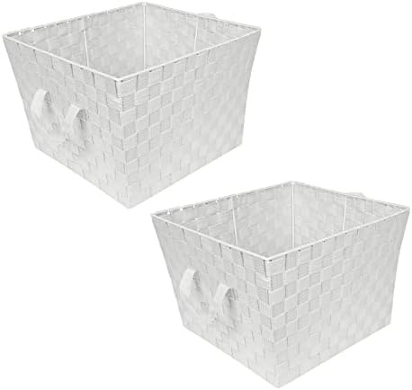 Simplify Large Woven Strap Tote | Decorative Storage Basket | 2 Handles | Organization | Closet | Bedroom | Bathroom | Nursery | Accessories | Toys | Gifts | 2 Pack | White