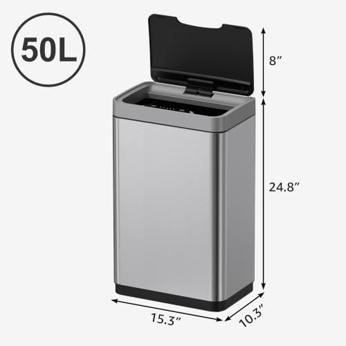Mbillion 15 Gallon Touchless Motion Sensor Trash Can | Rectangular silver smart garbage can with lid, automatic touchless design for kitchen, bedroom, home & office use