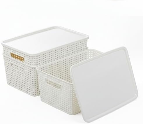 BINO | Plastic Storage Baskets with Lids, 15.5 Liter - 3 Pack, White | THE WOVEN COLLECTION | Storage Basket for Shelves Woven Storage Baskets for Organizing Bins Pantry Shelf Organizer Container Bin