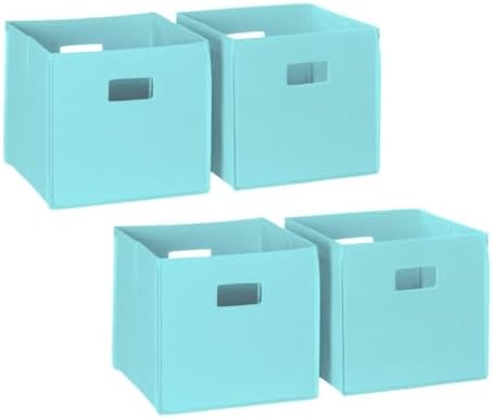 RiverRidge Folding Storage Bins - 4-pack of 10in Tall Aqua Cubes | Fabric Bins, Set of 4 Storage Cubes, Cut-out Handles, Playroom Closet Organizer, Collapsible Cubby with Bottom Board Insert