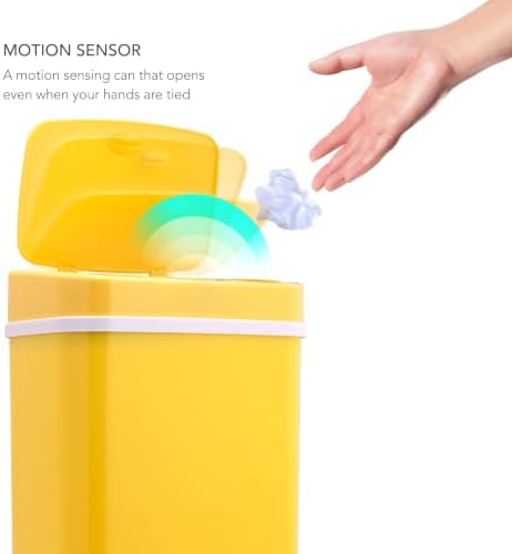 Touchless Motion Sensor Trash Can with Lid, Automatic Infrared Garbage Bin, Narrow Rectangular Bathroom Kitchen Bedroom Office Waste Basket, Soft Close Quiet Seal, Removable Inner Ring (Yellow)