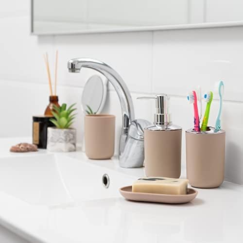 Moss & Stone 6-Piece BeigeBathroom Accessories Set, Soap Dispenser | Modern Plastic Bathroom Set with Toothbrush Holder, Soap Dish, Cup & Trash Can for Countertop Organization and Bathroom Decor