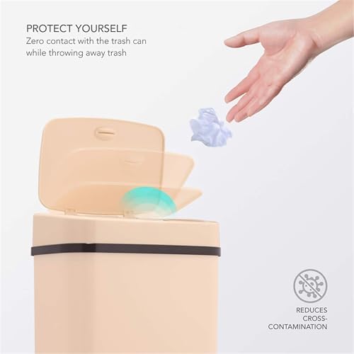 Touchless Motion Sensor Trash Can with Lid, Automatic Infrared Garbage Bin, Narrow Rectangular Bathroom Kitchen Bedroom Office Waste Basket, Soft Close Quiet Seal, Removable Inner Ring (Cream)
