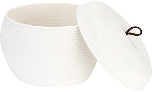 Sea Team Round Woven Cotton Rope Storage Basket with Lid, White | Lidded Knitted Decorative Storage Bin, Pot, Caddy, Organizer, Container for Snacks, Towels, Plants, 13 x 9 Inches