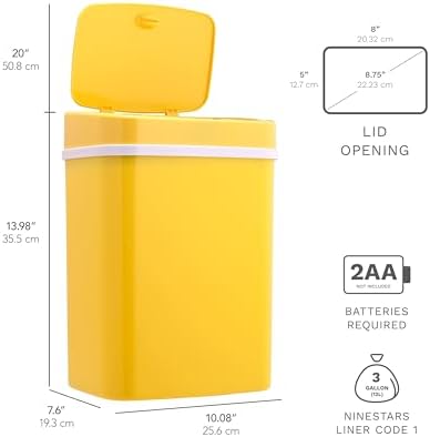 Touchless Motion Sensor Trash Can with Lid, Automatic Infrared Garbage Bin, Narrow Rectangular Bathroom Kitchen Bedroom Office Waste Basket, Soft Close Quiet Seal, Removable Inner Ring (Yellow)