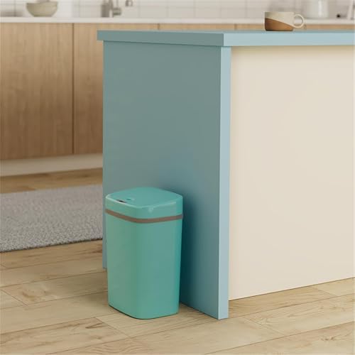 Touchless Motion Sensor Trash Can with Lid, Automatic Infrared Garbage Bin, Narrow Rectangular Bathroom Kitchen Bedroom Office Waste Basket, Soft Close Quiet Seal, Removable Inner Ring (Turquoise)