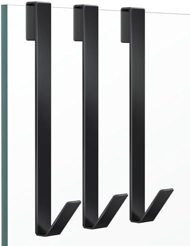 Shower Door Hooks 12 in, Shower Hooks for Towels, Heavy Duty Drilling-Free Extended Towel Hooks for Bathroom Frameless Glass Door, Over The Door Towel Hooks 3 Packs Black