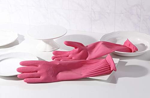 Myungjin (2 Pairs Reusable Waterproof Household Dishwashing Non-Slip Cleaning Latex Rubber Kitchen Gloves (Pink, XX-Large)