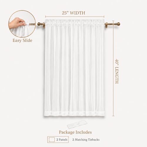 Aquazolax Sheer Door Window Curtains Set of 2, Top and Bottom Rod Pocket Privacy Protect Voile Window Panels for Kitchen French Main Door with Tiebacks - Satin White