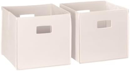 RiverRidge Folding Storage Bins - 2-pack of 10in Tall Cream Cubes | Fabric Bins, Set of 2 Storage Cubes, Cut-out Handles, Playroom Closet Organizer, Collapsible Cubby with Bottom Board Insert