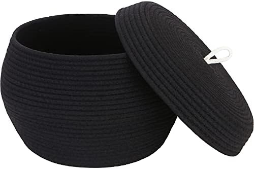 Sea Team Round Woven Cotton Rope Storage Basket with Lid, Black | Lidded Knitted Decorative Storage Bin, Pot, Caddy, Organizer, Container for Snacks, Towels, Plants, 13 x 9 Inches