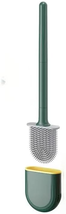 RV Silicone Toilet Brush with Holder, Drill-Free Wall Mounted Toilet Bowl Cleaner, Anti-Drip Anti-Roll Compact Brush for RV Camper & Small Bathroom (Green)