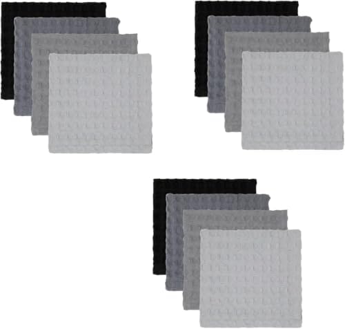 12 Pack Gray and Black Waffle Weave Dishcloths, 3 Sets of 4 Reusable 100% Cotton Kitchen Cleaning Cloths, 12x12 Inch, Super Absorbent, Quick Dry, for Dishes, Countertops, Hands, Eco-Friendly