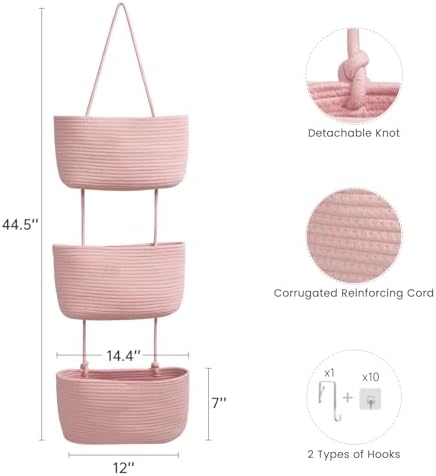 TeoKJ Over the Door Hanging Basket, 3-Tier Woven Cotton Wall-Mounted Storage Organizer Bag Decorative Hanging Nursery Baskets, Pink