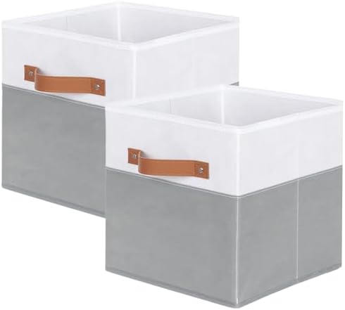 ShellKingdom Storage Bins, Two-Tone Foldable Fabric Storage Cubes with Leather Handle for Closet Toys Clothes Storage Organizer Drawer, 10.5 X 10.5 X 11 inch, 2 Pack (White/Grey)