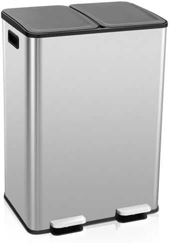 Goplus Dual Trash Can, 16 Gallon/ (2x30L) Double Trash and Recycling Bin Combo for Kitchen, Stainless Steel Garbage Can with 2 Removable Inner Buckets, Soft Closure & Step-on Pedal