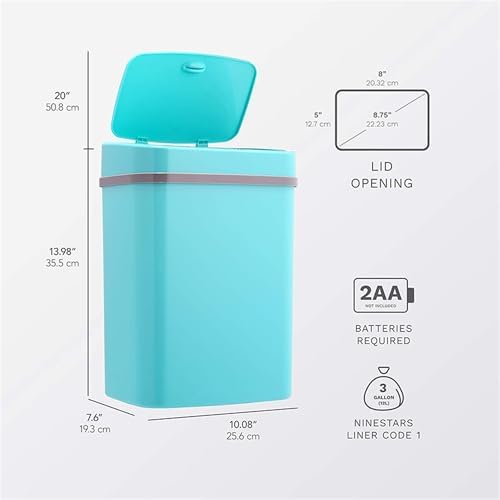 Touchless Motion Sensor Trash Can with Lid, Automatic Infrared Garbage Bin, Narrow Rectangular Bathroom Kitchen Bedroom Office Waste Basket, Soft Close Quiet Seal, Removable Inner Ring (Turquoise)