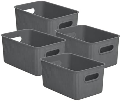 Superio Ribbed Collection - Decorative Plastic Basket Open Home Storage Bins Organizer, Medium Grey (4 Pack) Container Boxes for Organizing Closet Storage Bins for Shelves Drawer Shelf 5 Liter