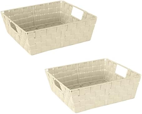 Simplify Large Shelf Woven Strap Tote | Decorative Storage Basket | Built in Handles | Organization | Closet | Bedroom | Bathroom | Nursery | Accessories | Toys | Gifts | 2 Pack | Ivory