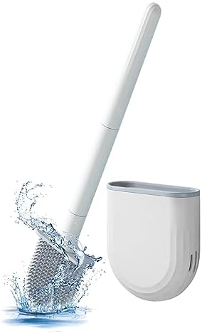 RV Silicone Toilet Brush with Holder, Drill-Free Wall Mounted Toilet Bowl Cleaner, Anti-Drip Anti-Roll Compact Brush for RV Camper & Small Bathroom (White)