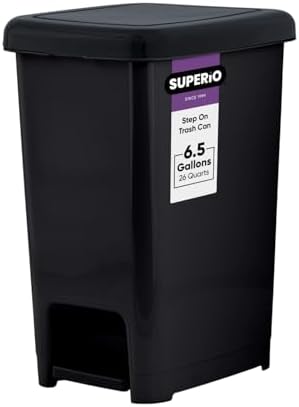 Superio Slim Step On Trash Can 6.5 Gallon, Black Waste Bin with Foot Pedal Lid 26 Liter, Kitchen, Under Desk, Office, Bedroom, Bathroom