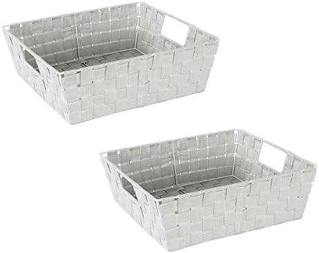 Simplify Large Shelf Woven Strap Tote | Decorative Storage Basket | Built in Handles | Organization | Closet | Bedroom | Bathroom | Nursery | Accessories | Toys | Gifts | 2 Pack | Heather Grey