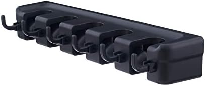 Superio Mop and Broom Holder Wall Mount (Black) Cleaning Tools Wall Organizer, 5 Rack Slots and 6 Hooks for Kitchen Closet Garage Garden and Office