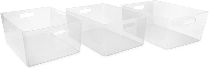 Isaac Jacobs 3-Pack XL Clear Storage Bin Set (13.9" x 10.6" x 5.75") | w/Cut-Out Handles, Plastic Organizer, Multi-Use, Home, Office, Pantry, Closet, Kitchen