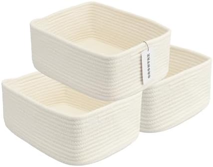 XUANGUO Small Woven Storage Baskets for Shelves, 13" x 9" x 5", White | Decorative rope storage bins for closets and toy storage; cute organizer baskets, empty gift baskets and nursery storage.