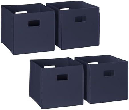 RiverRidge Folding Storage Bins - 4-pack of 10in Tall Navy Cubes | Fabric Bins, Set of 4 Storage Cubes, Cut-out Handles, Playroom Closet Organizer, Collapsible Cubby with Bottom Board Insert
