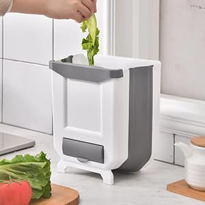 Kitchen Trash Can, 2.4 Gallon Foldable Trash Can for Kitchen | Collapsible Hang Small Plastic Garbage Can for Cabinet/Car/Bedroom/Bathroom/Office (White, 1PC)