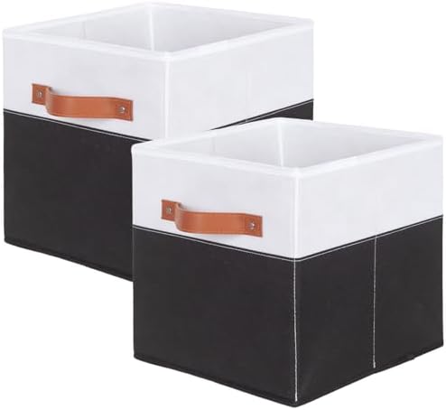 ShellKingdom Storage Bins, Two-Tone Foldable Fabric Storage Cubes with Leather Handle for Closet Toys Clothes Storage Organizer Drawer, 10.5 X 10.5 X 11 inch, 2 Pack (White/Black)