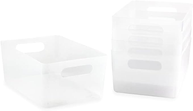 Isaac Jacobs 5-Pack Medium Clear Storage Bin Set (9.5" x 6.5" x 4") | w/Cut-Out Handles, Plastic Organizer, Multi-Use, Home, Office, Pantry, Closet, Kitchen