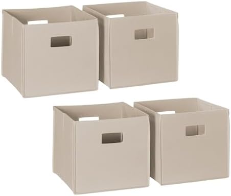 RiverRidge Folding Storage Bins - 4-pack of 10in Tall Taupe Cubes | Fabric Bins, Set of 4 Storage Cubes, Cut-out Handles, Playroom Closet Organizer, Collapsible Cubby with Bottom Board Insert