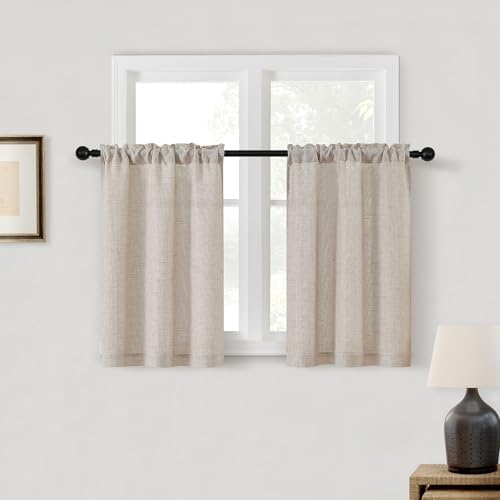 Semi Sheer Kitchen 24 Inch Short Curtains 2 Panels Set Flax Linen | Light Filtering, Boho Farmhouse Elegant Drapes, for Bathroom Laundry RV Cafe Windows, Tan Beige Curtain, Rod Pocket, W25xL24