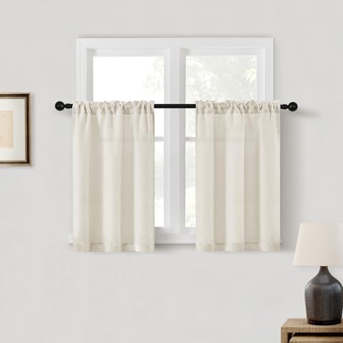 Linen Curtains 24 Inches Long 2 Panels for Kitchen Window Semi Sheer | Light Filtering Privacy Curtain, Dual Rod Pocket, for Farmhouse Rustic Natural, Cafe RV Campers Drapes, W25 x L24