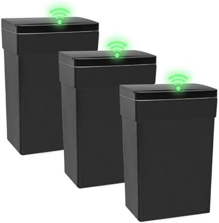 PayLessHere | 13 Gallon Plastic Trash Can with Lid | Black | Automatic Touchless Garbage Can | Waterproof & Easy to Clean | For Kitchen, Bathroom, Home or Office | Pack of 3