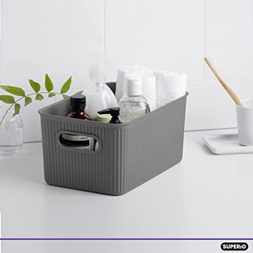 Superio Ribbed Collection - Decorative Plastic Basket Open Home Storage Bins Organizer, Medium Grey (4 Pack) Container Boxes for Organizing Closet Storage Bins for Shelves Drawer Shelf 5 Liter