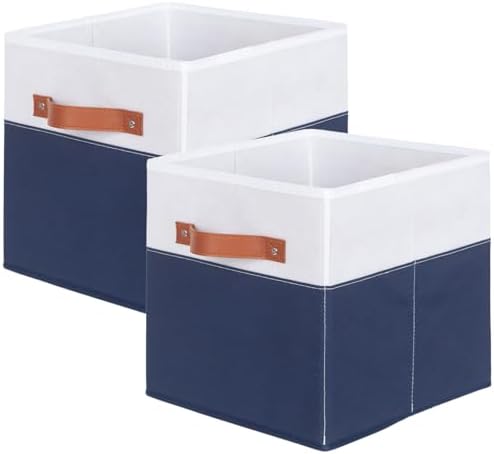 ShellKingdom Storage Bins, Two-Tone Foldable Fabric Storage Cubes with Leather Handle for Closet Toys Clothes Storage Organizer Drawer, 10.5 X 10.5 X 11 inch (White/Dark Blue)