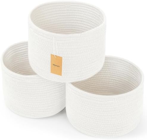 3 Pack Small Rope Storage Baskets, 9.82×9.82×7.1", White | Cotton Basket for Gifts Empty, Cute Round Woven Basket, Decorative Shelf Basket Organizer, Organizing Basket for Shelves