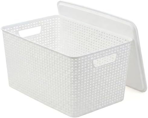 BINO | Plastic Storage Baskets with Lids, 22 Liter - 3 Pack, White | THE WOVEN COLLECTION | Storage Basket for Shelves | Woven Storage Baskets for Organizing Bins Pantry Shelf Organizer Container Bin