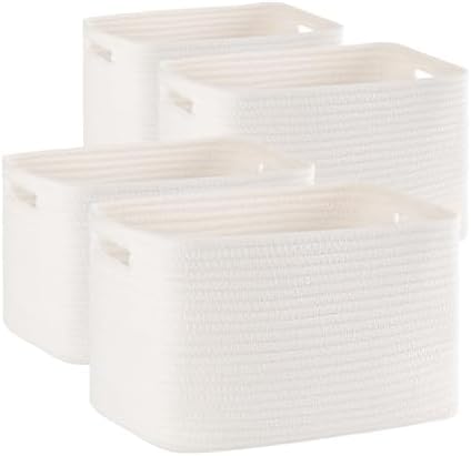 4 Pack Storage Baskets for Organizing Toys, Towels, and Clothes, Woven Basket for Shelves, Sturdy Nursery Cube Bins for Storage, 13''L x9''W x7.8''H, White