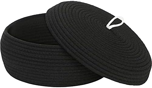 Sea Team Round Woven Cotton Rope Storage Basket with Lid, Black | Lidded Knitted Decorative Storage Bin, Pot, Caddy, Organizer, Container for Snacks, Towels, Plants, 13 x 5.5 Inches