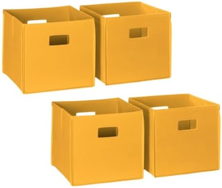 RiverRidge Folding Storage Bins - 4-pack of 10in Tall Golden Yellow Cubes | Fabric Bins, Set of 4 Storage Cubes, Cut-out Handles, Playroom Closet Organizer, Collapsible Cubby with Bottom Board Insert