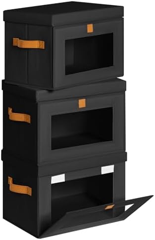 Homsorout Medium Fabric Storage Bins - Closet Shelf Organizer with Open Window, 3 Pack Closet Baskets for Shelves, Stackable Decorative Boxes for Home, Dorm, Black, 13.7" x 9.8” x 9.8"